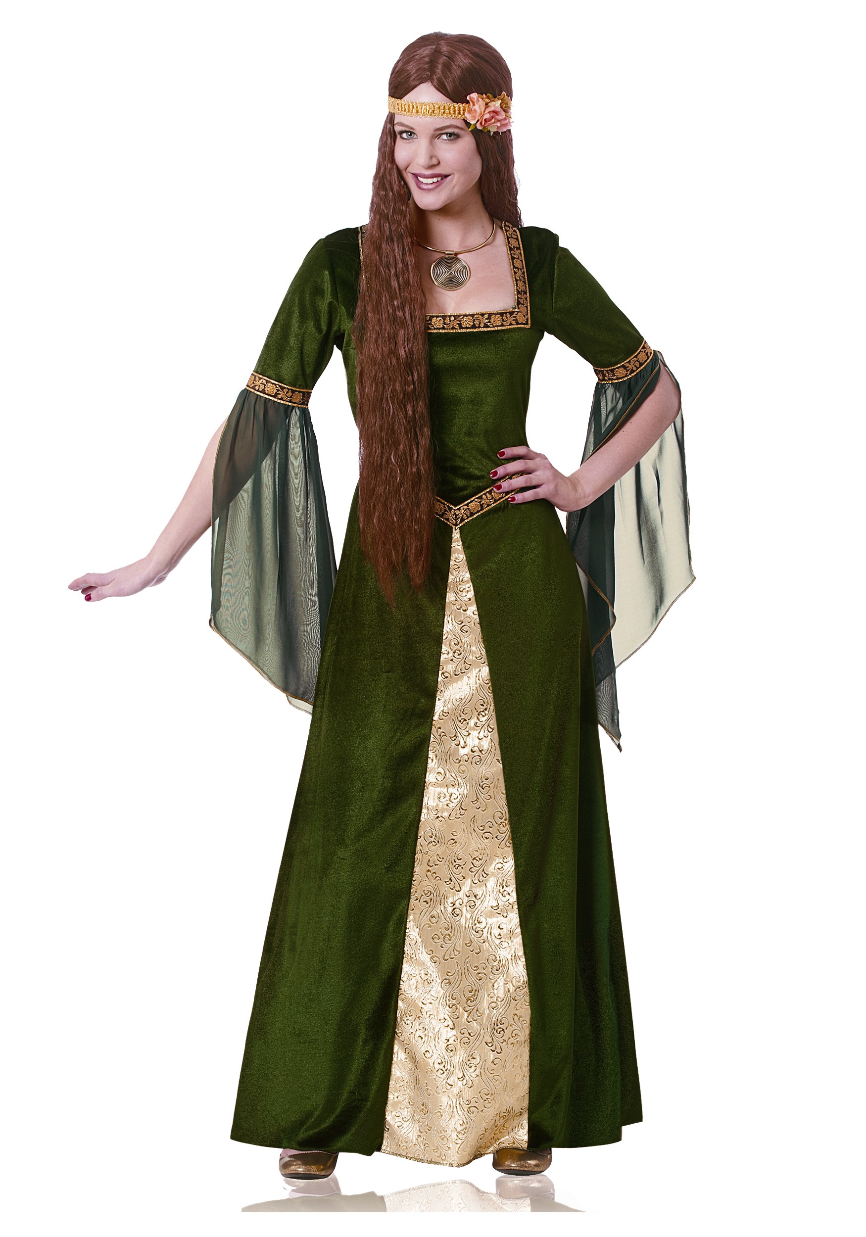 Green Renaissance Lady Fancy Dress Costume For Adults