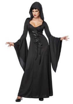 Womens Black Hooded Lace Up Robe Costume