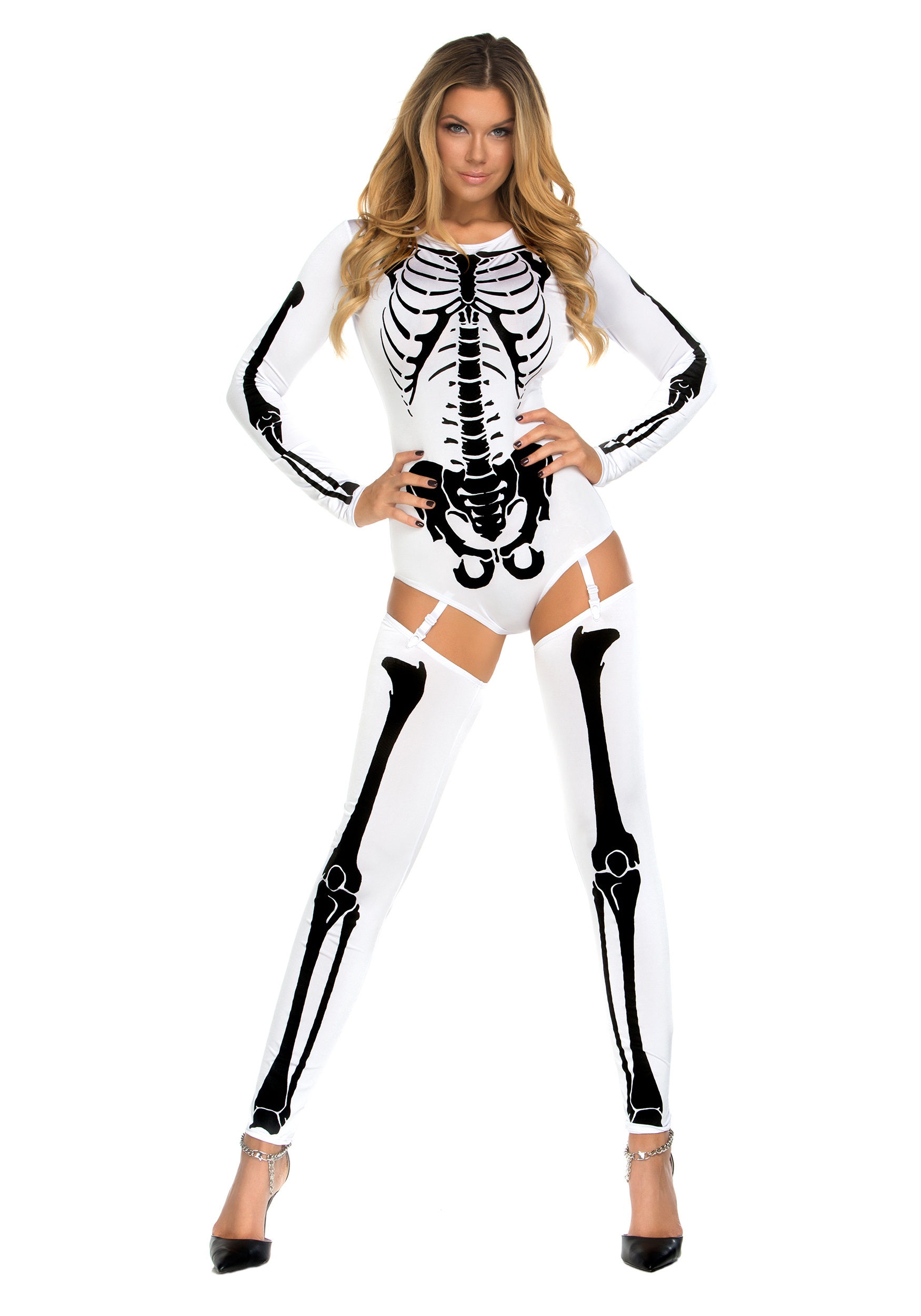 Sexy White Bad To The Bone Fancy Dress Costume For Women , Sexy Skeleton Fancy Dress Costumes