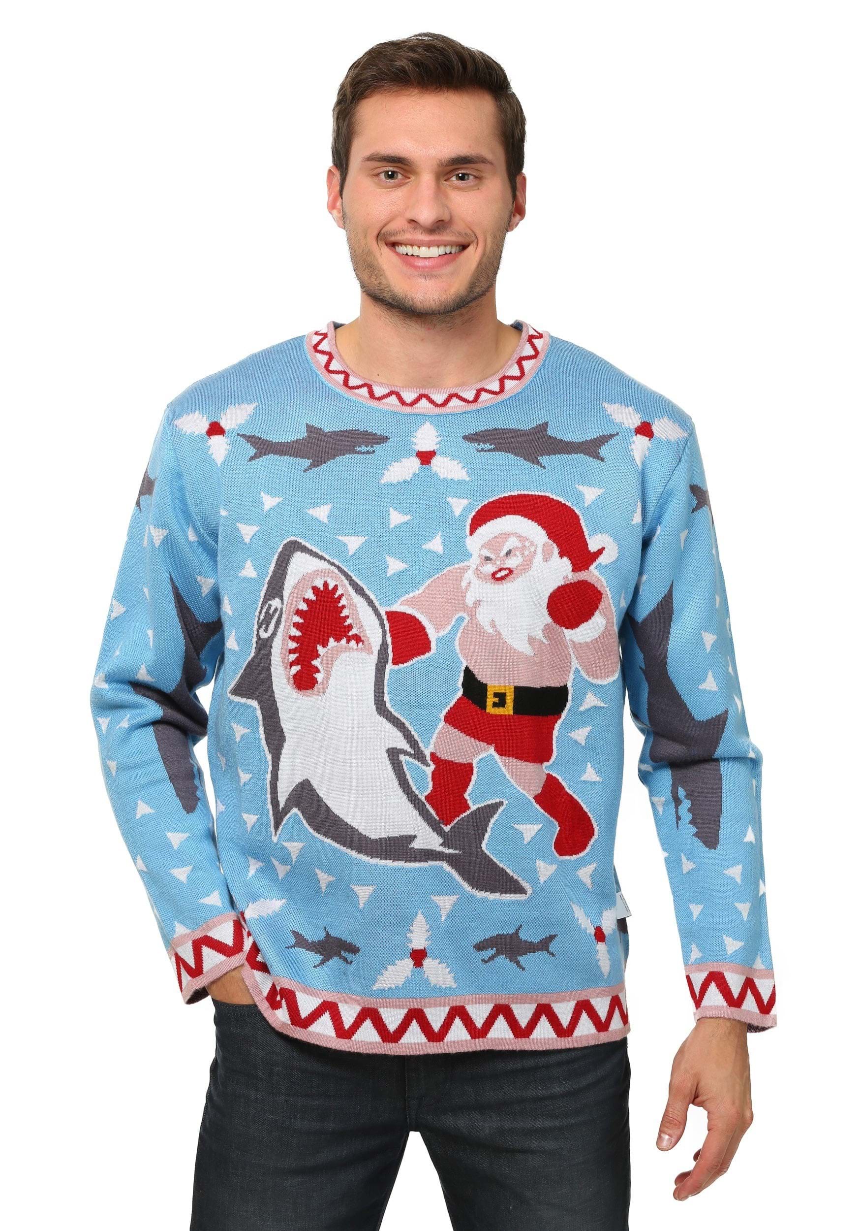 Men's Santa Vs Shark Ugly Christmas Fancy Dress Costume Sweater