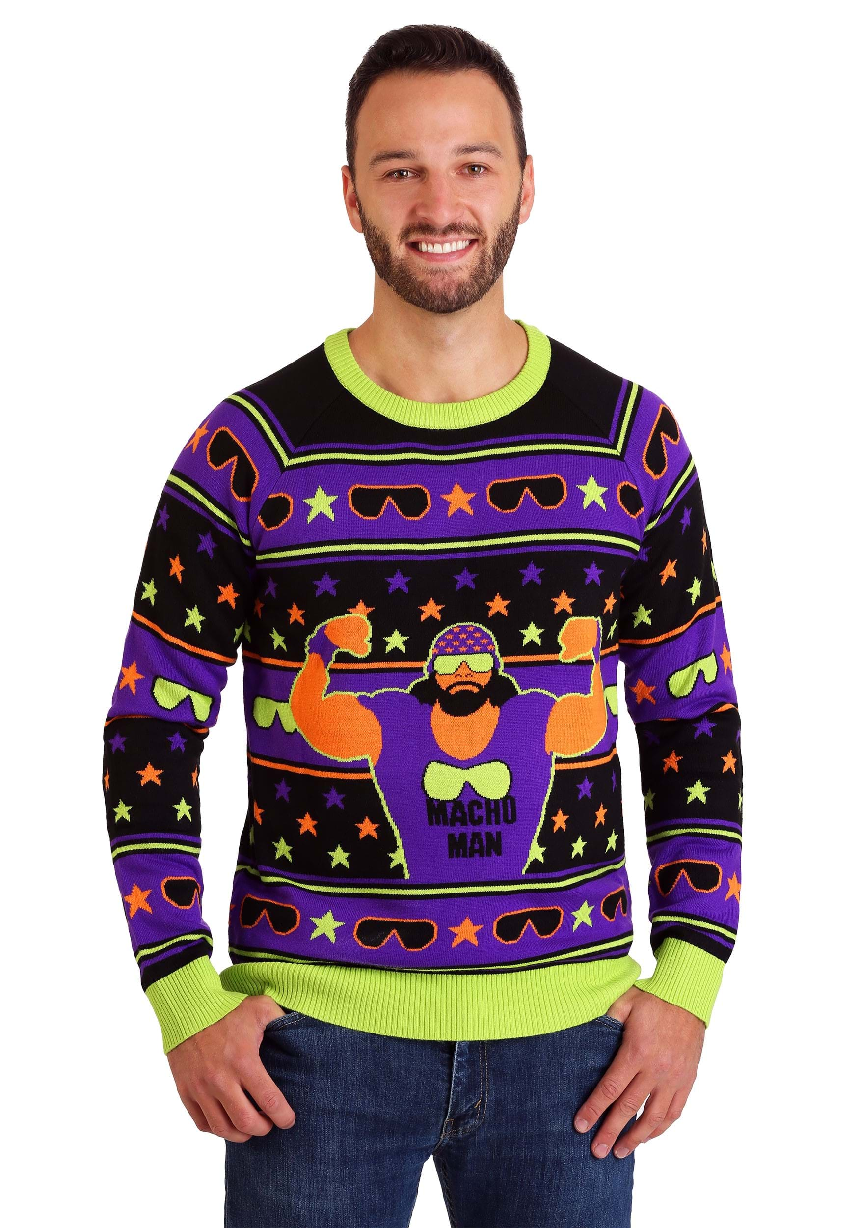 Photos - Fancy Dress WWE FUN Wear  Macho Man Adult Ugly Christmas Sweater Green/Purple/Orange FUN0632AD 