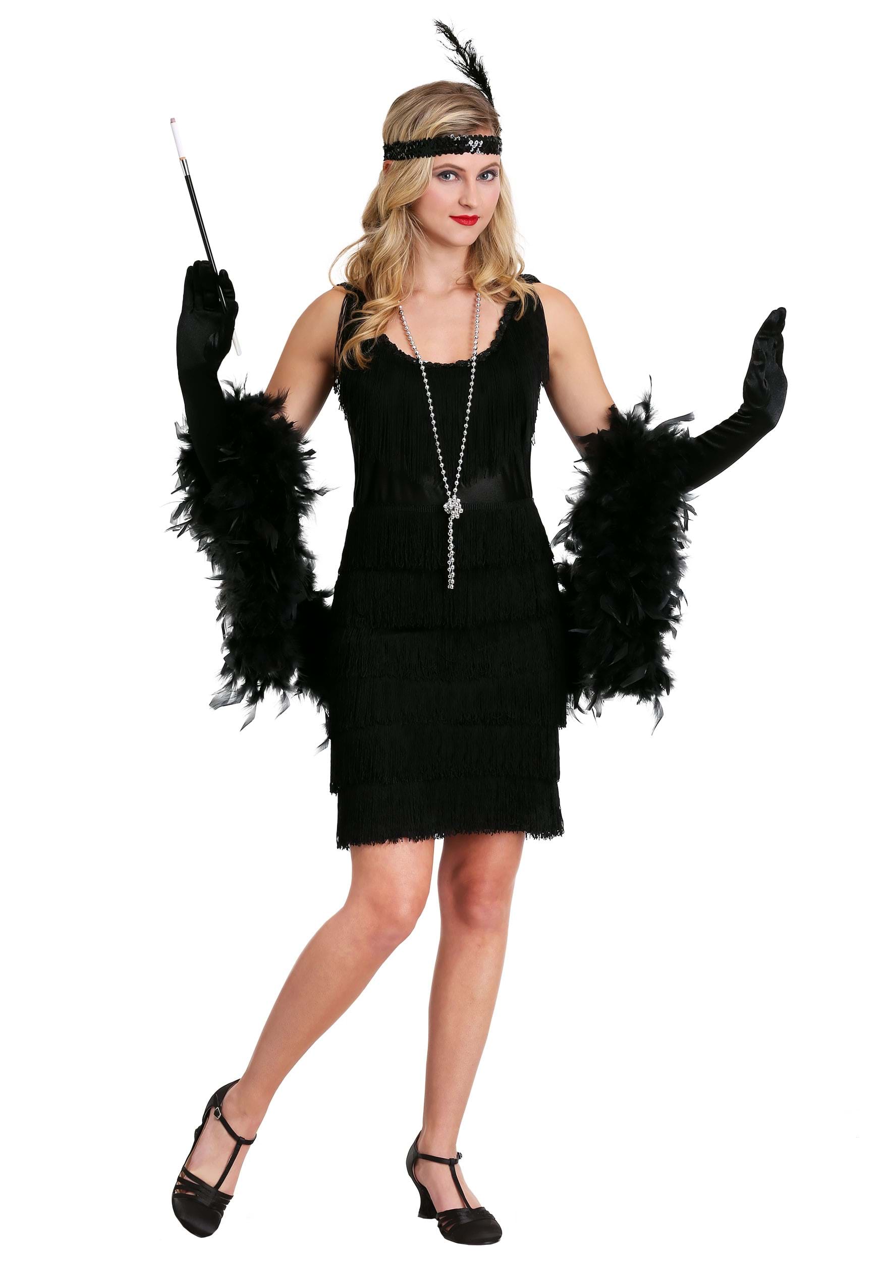 Black Fringe 1920's Flapper Fancy Dress Costume For Women , Women's Flapper Fancy Dress Costumes