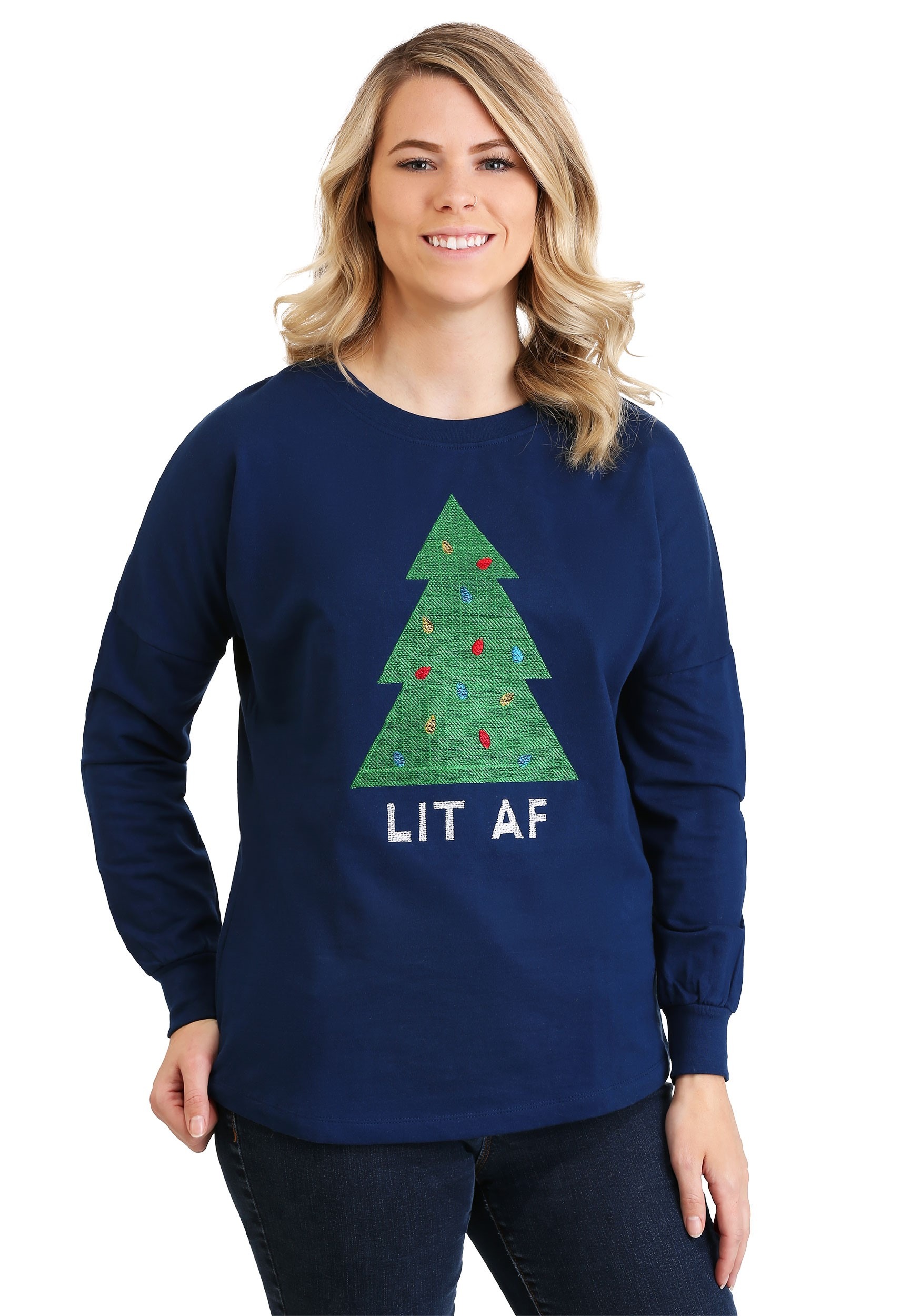 Threadpixel Lit AF Christmas Tree Women's Drop Shoulder Long Sleeve T-Shirt