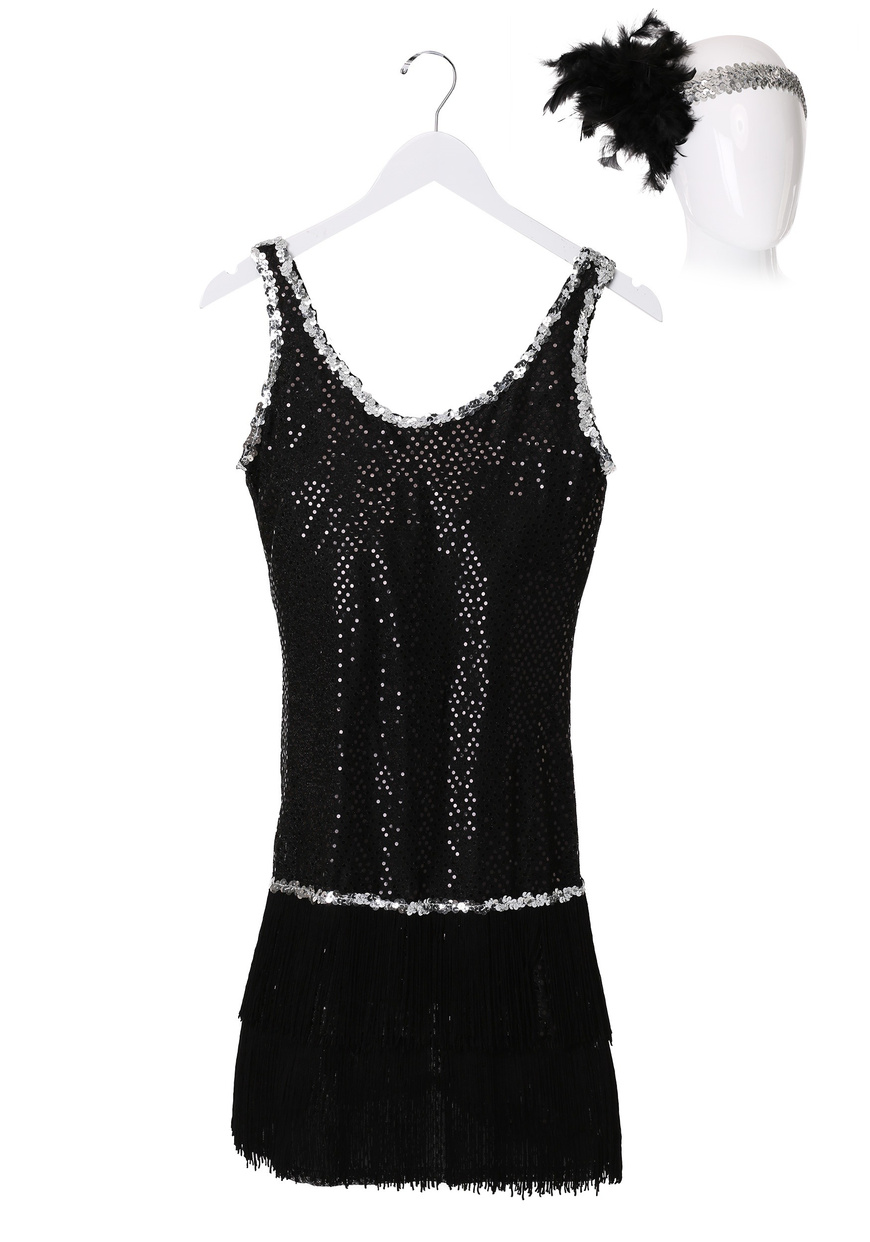 Black Sequin & Fringe Womens Flapper Dress Fancy Dress Costume