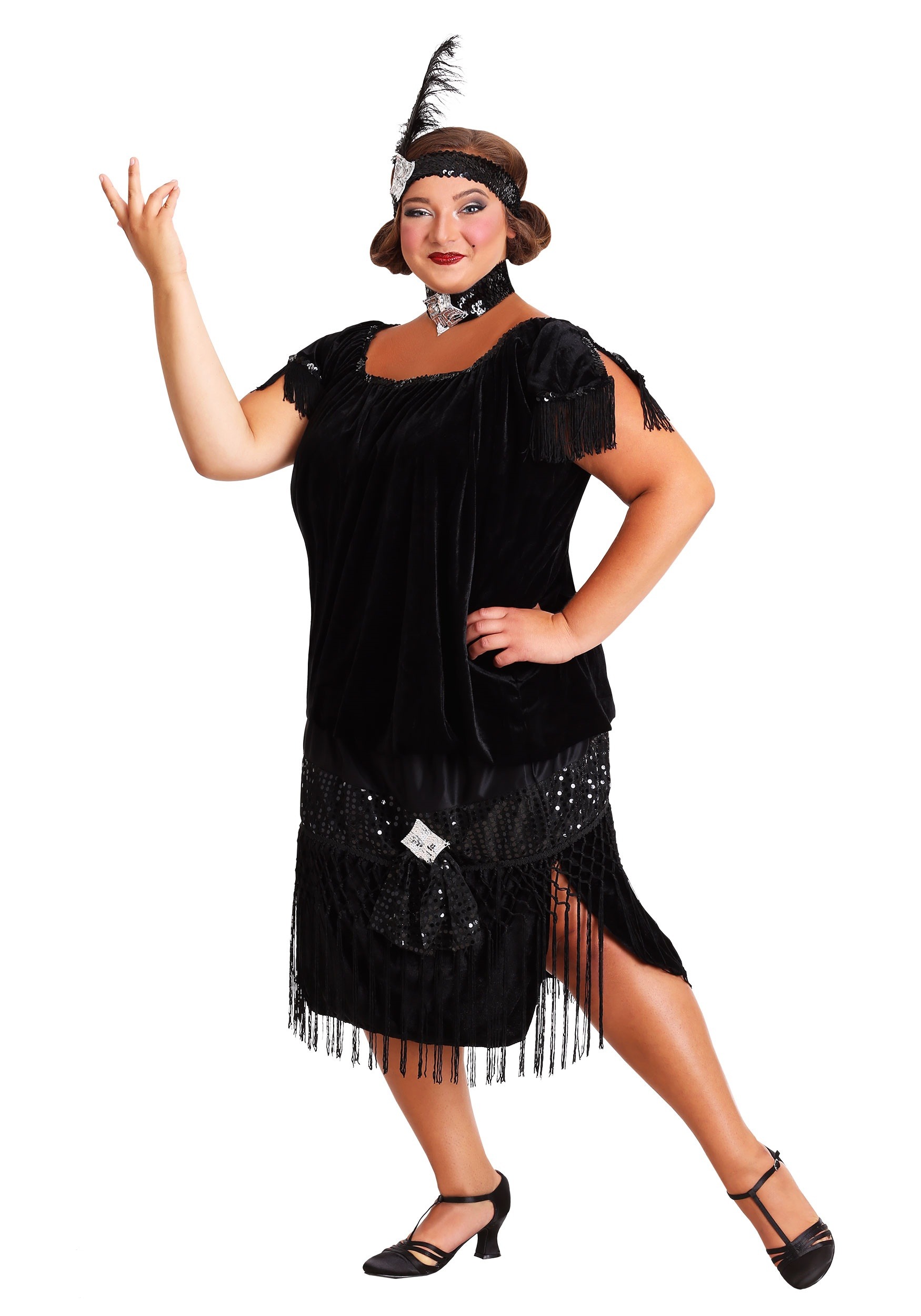 Deluxe Black Flapper Plus Size Fancy Dress Costume For Women , 20s Decade Fancy Dress Costumes