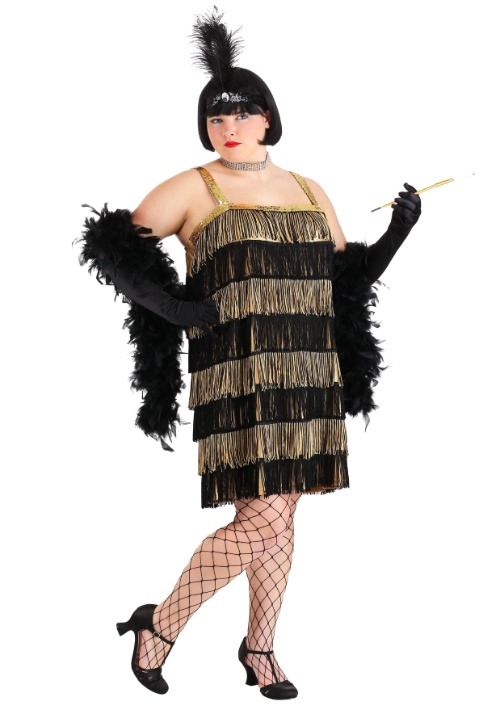 Gold and Black Fringe Flapper Plus Size Costume