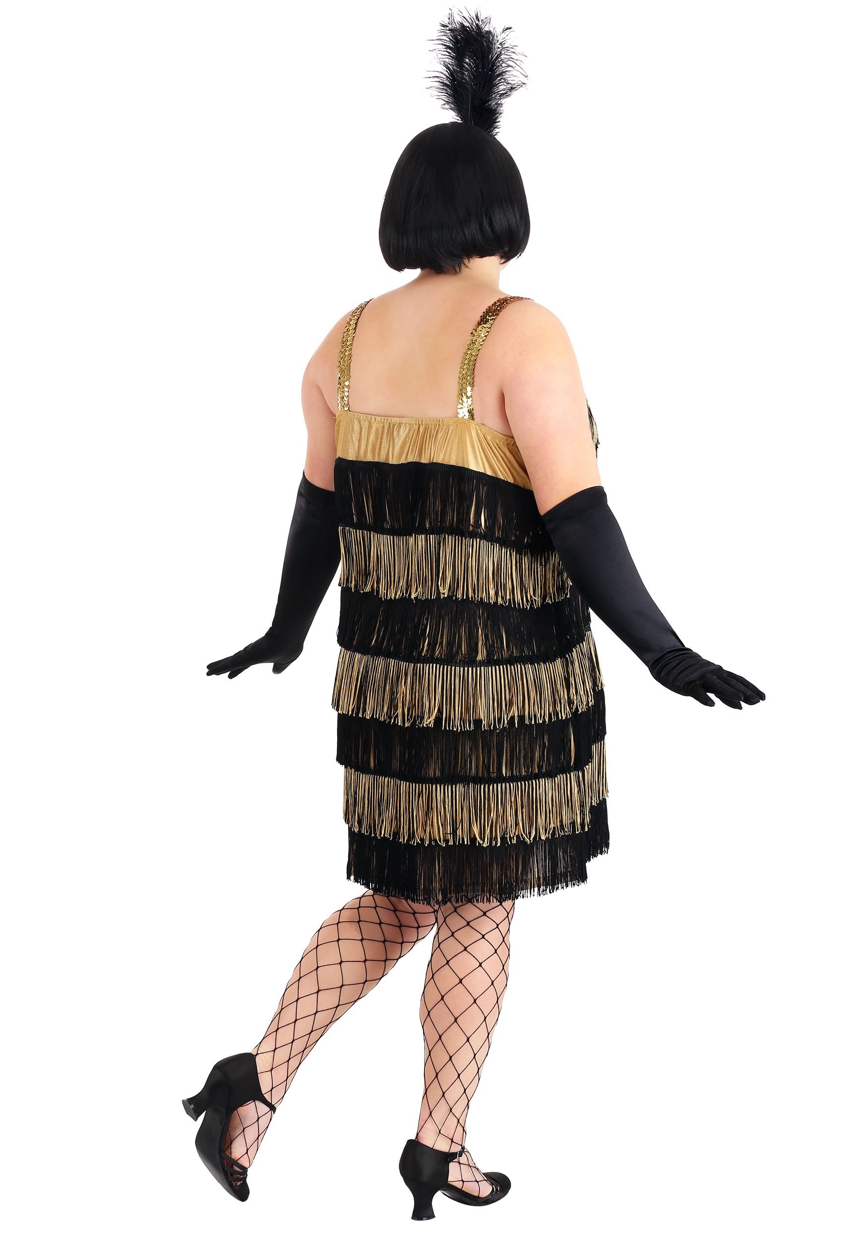 Gold And Black Fringe Flapper Plus Size Fancy Dress Costume For Women