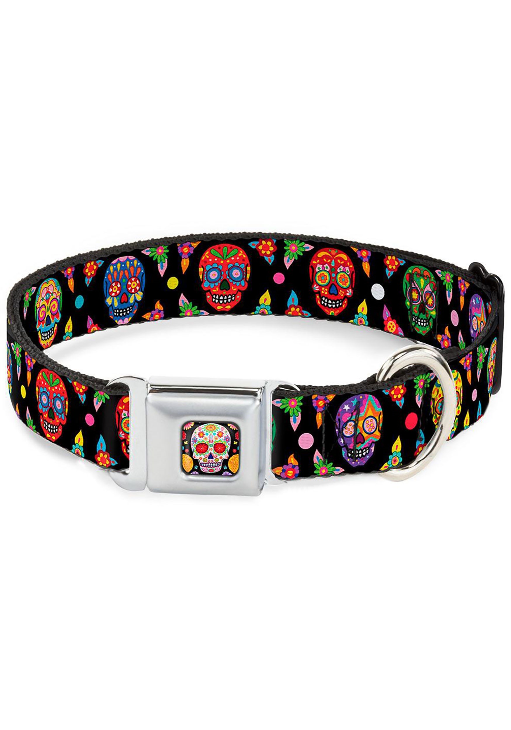 Multi-Color Sugar Skull Seatbelt Buckle Dog Collar- 1