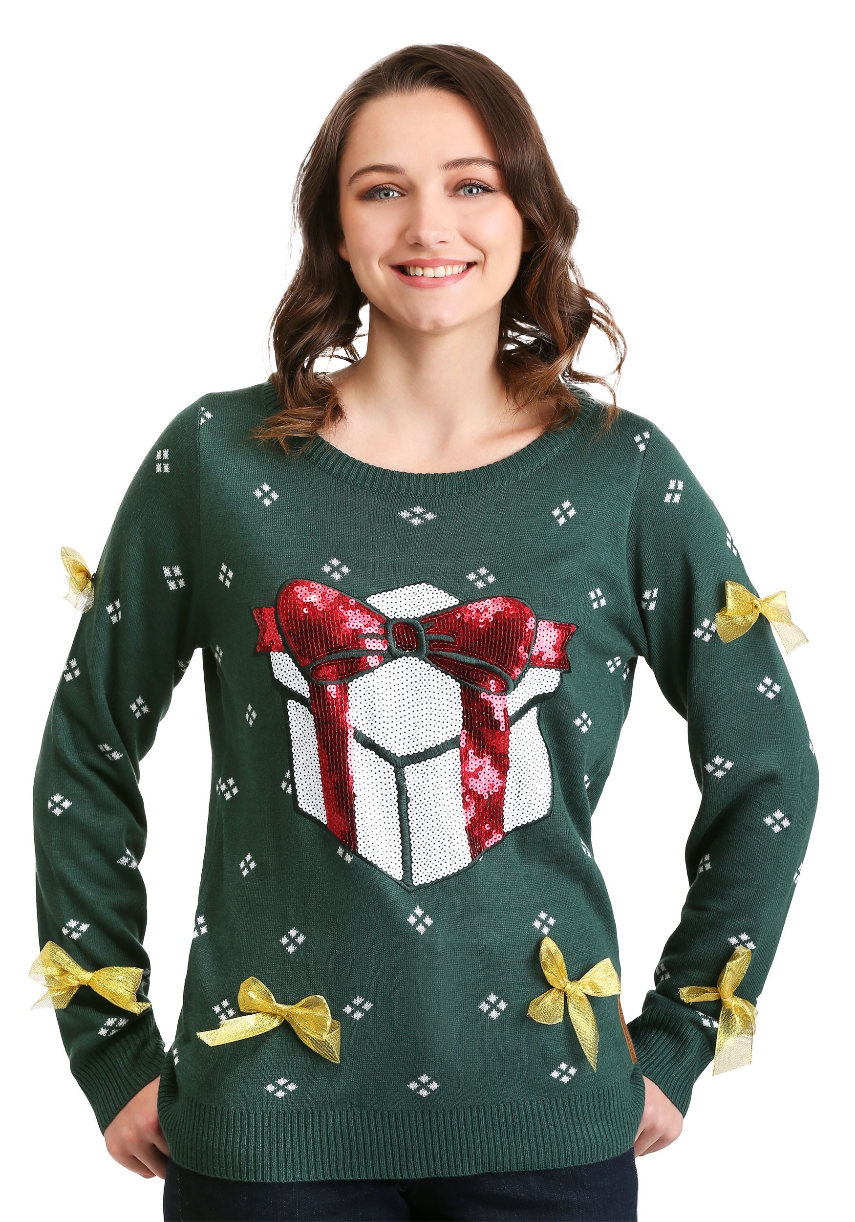 Women's Tipsy Elves Sequin Green Present Sweater