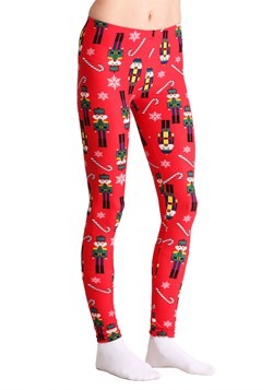 Ugly Christmas Nutcracker and Candy Cane Print Red Leggings