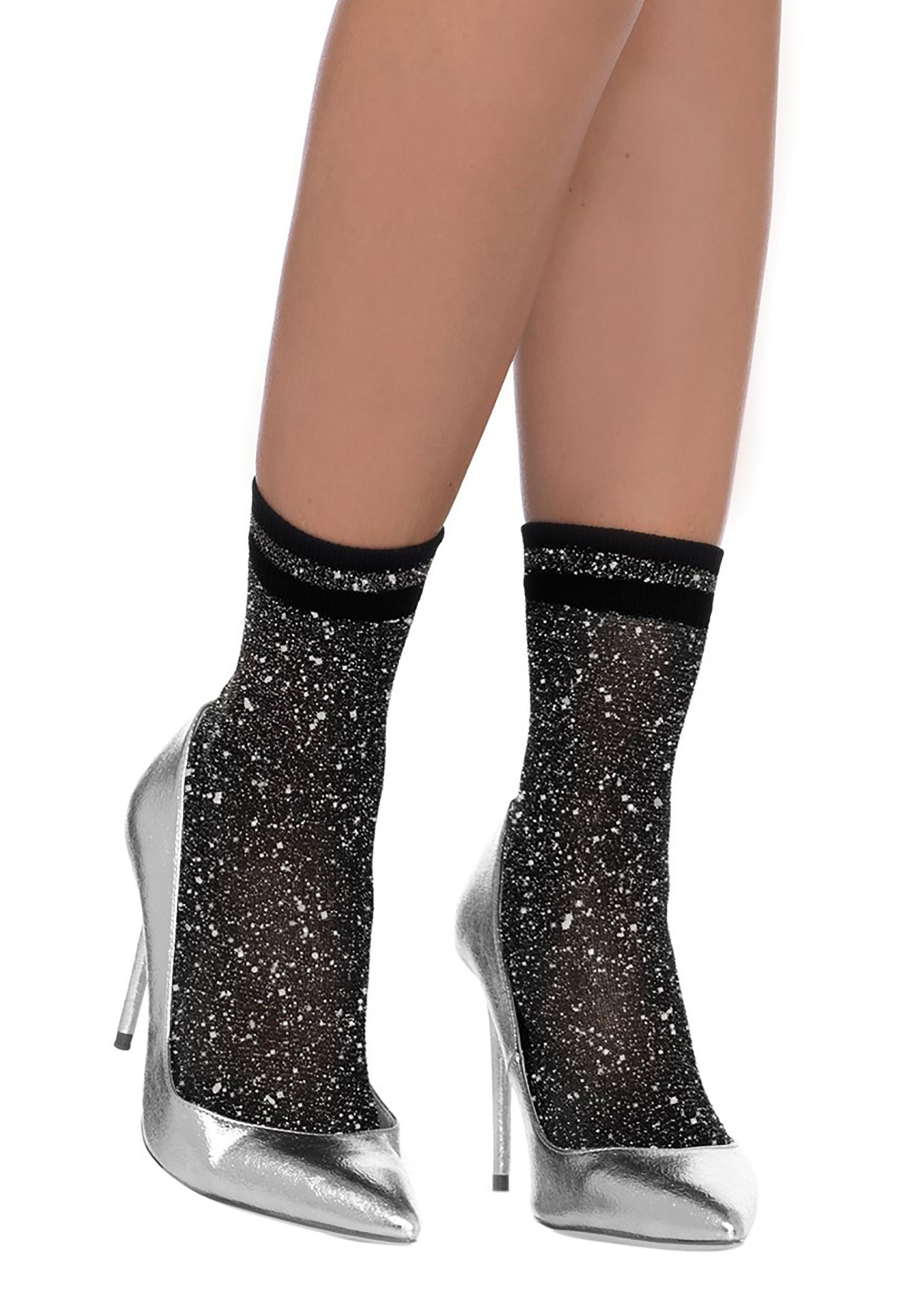 Black Silver Lurex Shimmer Ankle Socks for Women