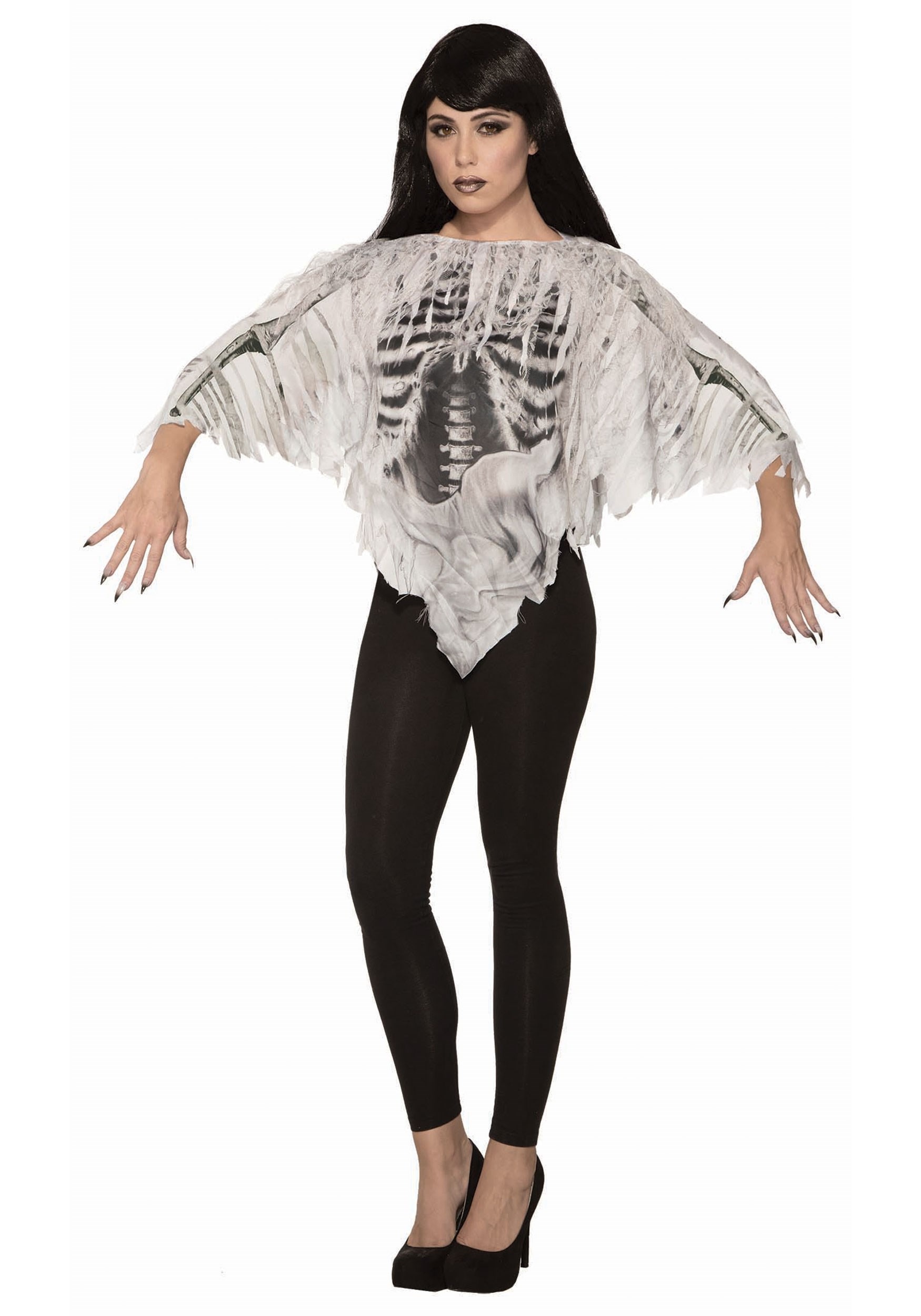 Tattered Skeleton Poncho Women's Fancy Dress Costume
