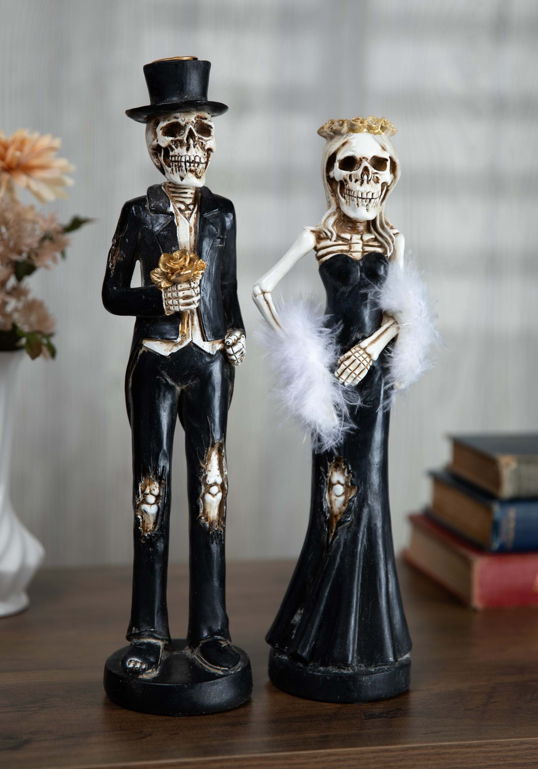 Skeleton Lady & Man Tapered Resin Candlesticks