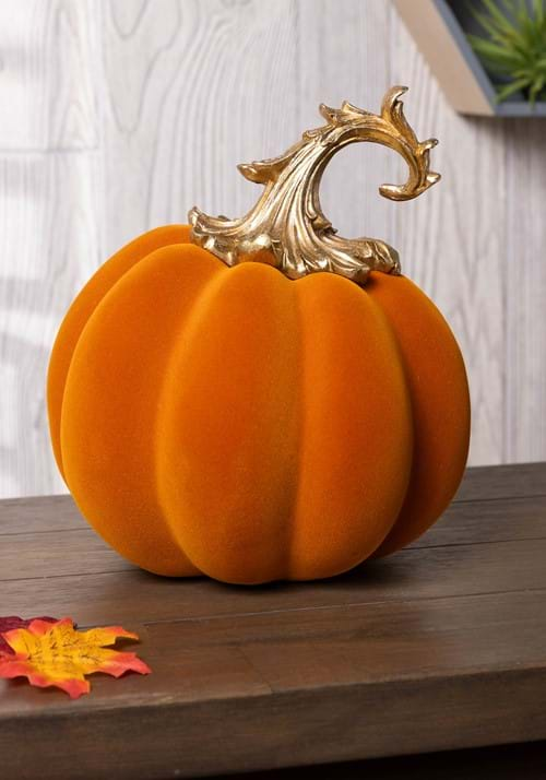 9.5 Inch Orange Velvet Pumpkin with Gold Filigree Stem