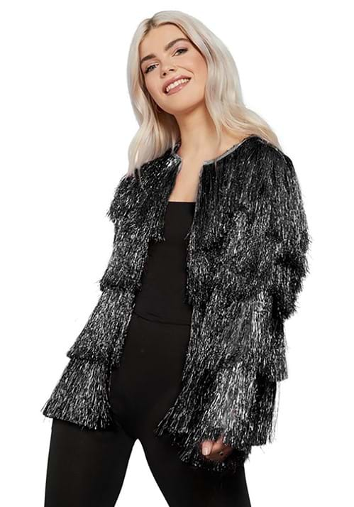 Womens Black Fringe Tinsel Jacket