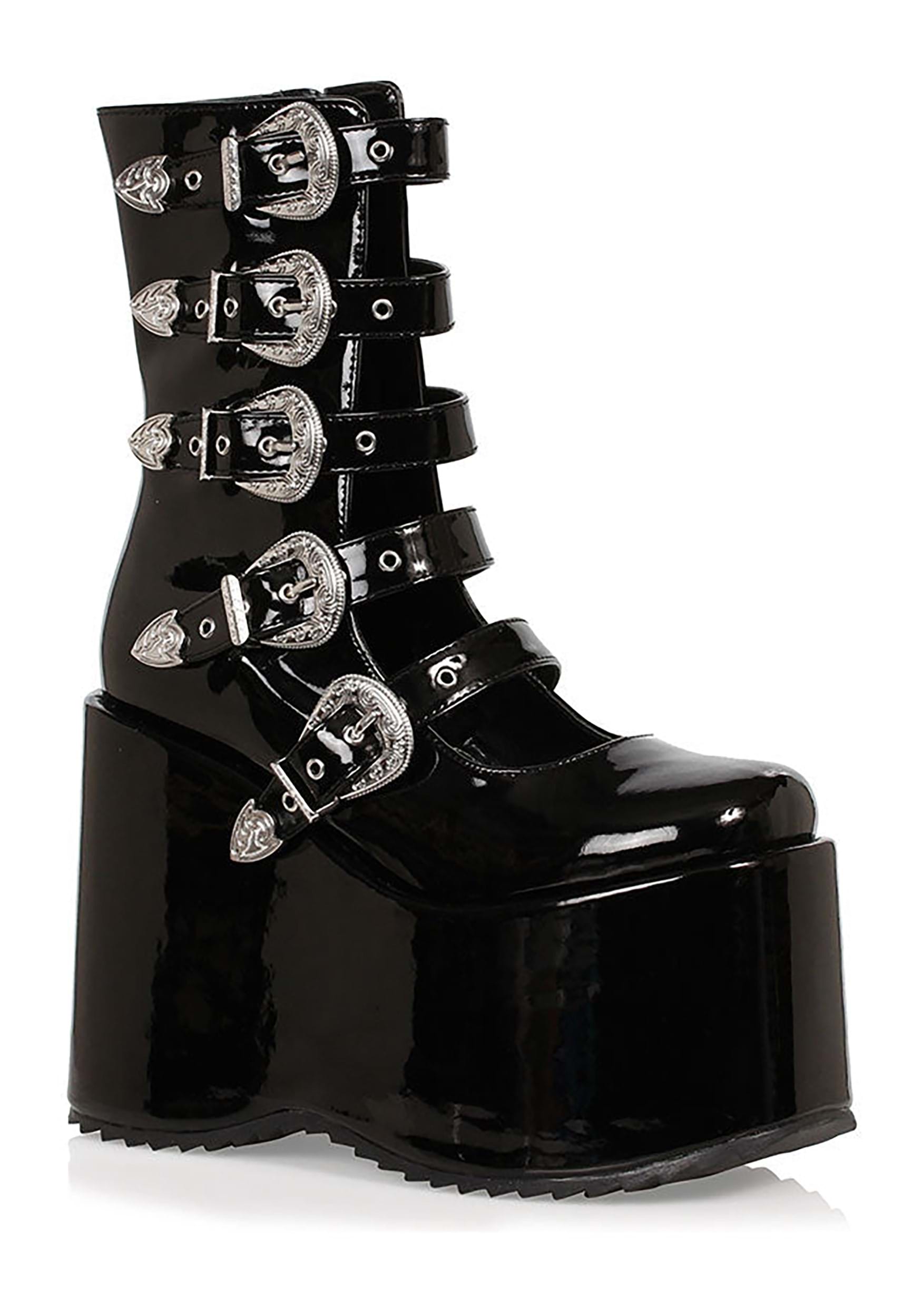 Black Platform Buckle Strap Women's Boots