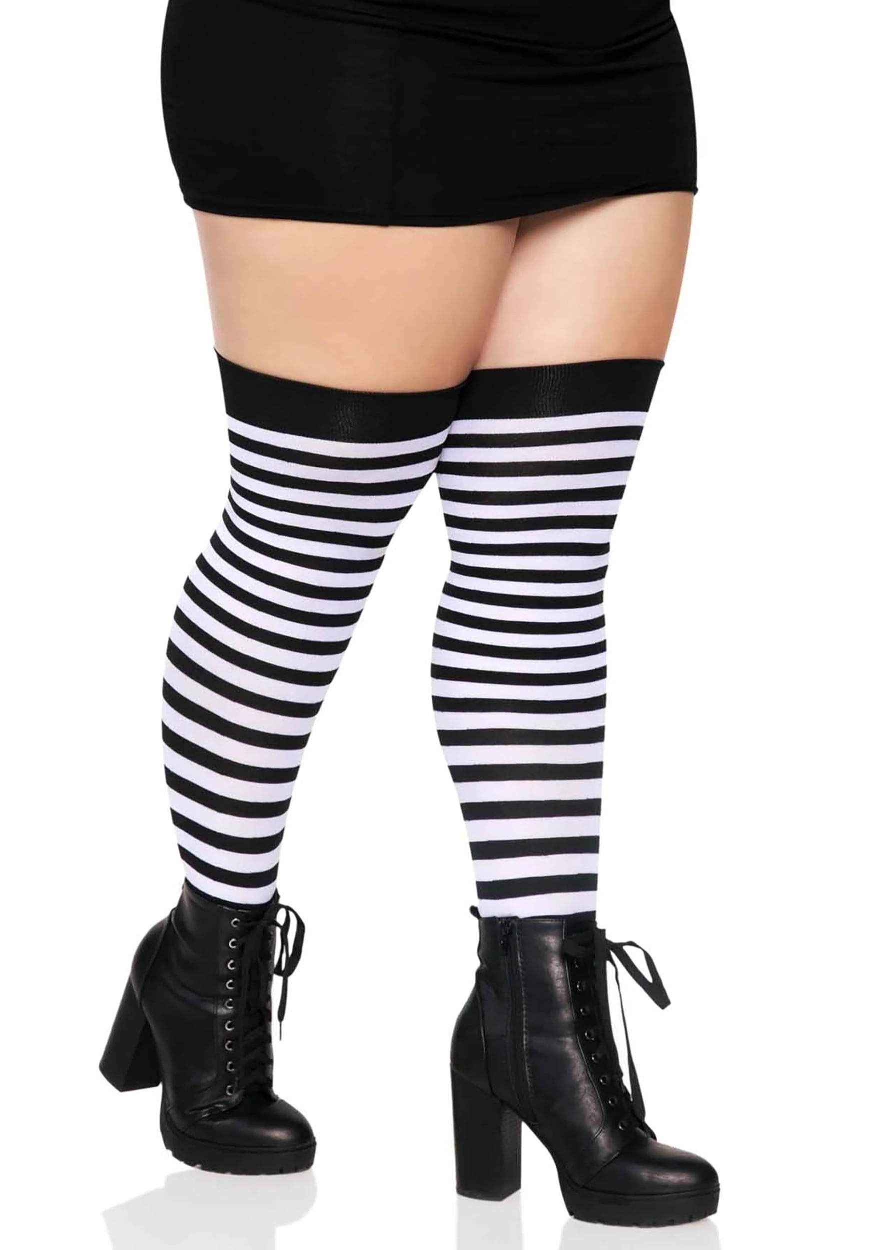Women's Plus Size Black & White Striped Thigh High Stockings