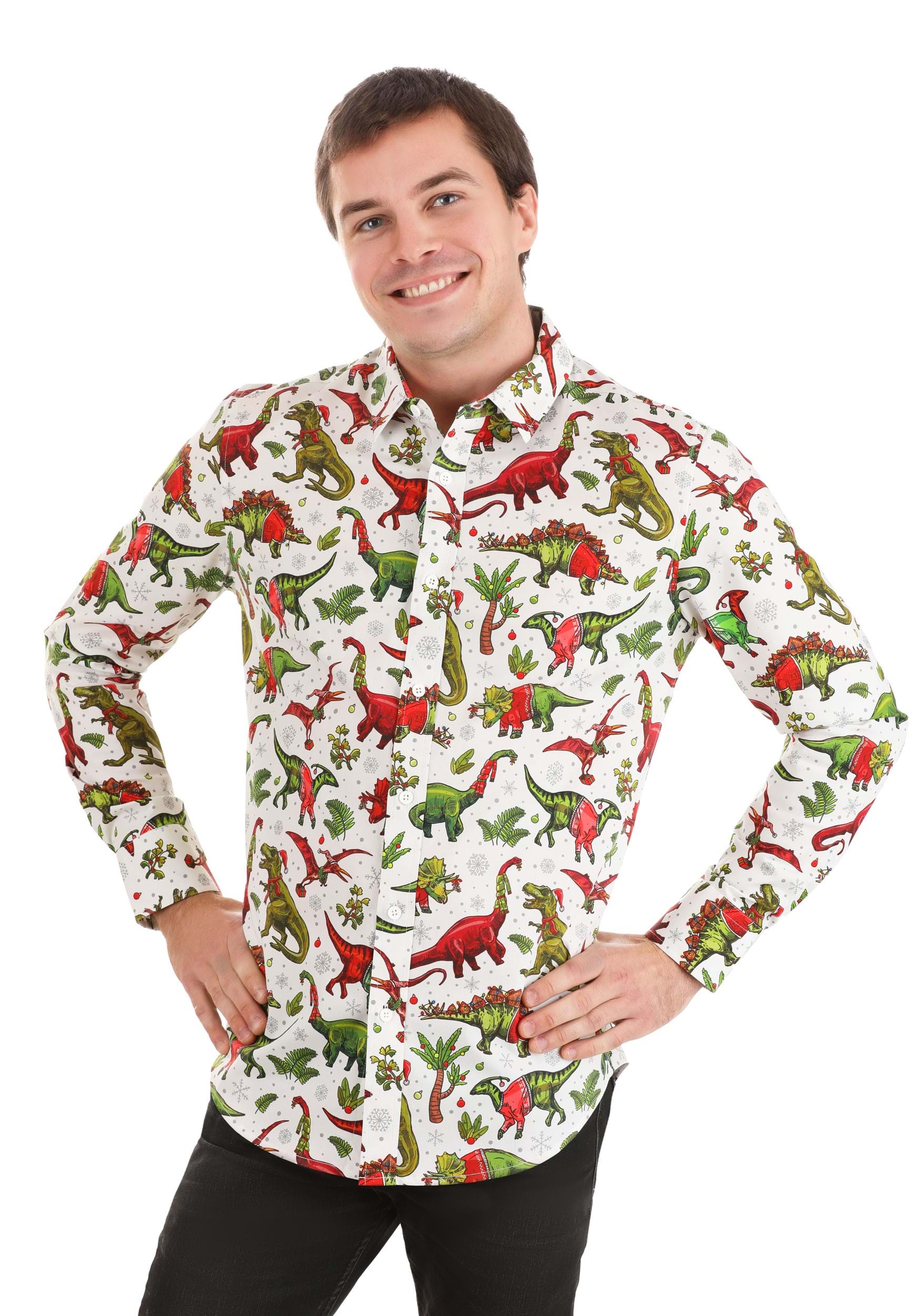 Holiday Dinosaurs Button Up Shirt For Adults , Holiday Christmas Shirts