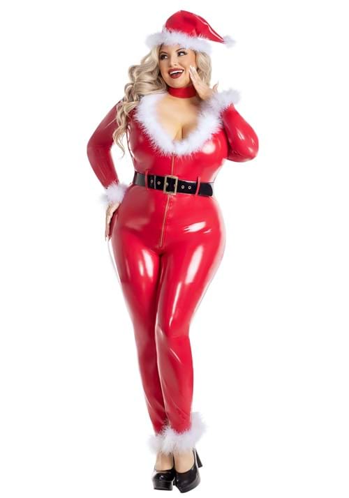 Womens Plus Size Sexy Liquid Latex Santa Jumpsuit Costume