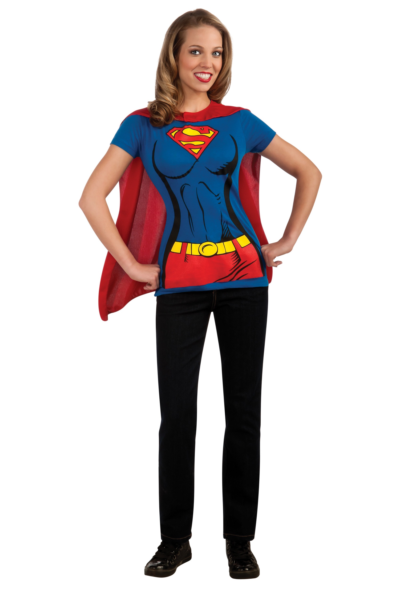Womens Supergirl T-Shirt With Cape Fancy Dress Costume